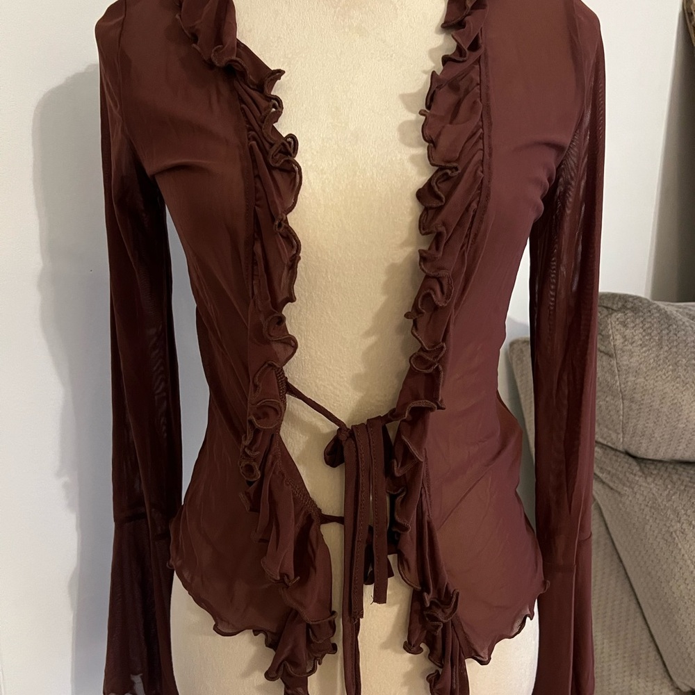 Brown Ruffle Tie-Front Women’s Top
